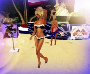 How to spend the evening before the 4th of July....hmmmmm.....so many choices.  I went with an Elvis show cause...well...its ELVIS!  In a thong!   Ya just don't see that often enough.  Elvis happens to be a friend of mine and he plays regularly at the Blue Room...so really it was a no brainer.  And I mentioned that he was in a thong, yes?  Cause...damn.  There were fireworks and a conga line involved too....Elvis doin' the conga in a thong....mmmhmmmm.  I did manage to fight my way through the hordes of fans to a semi clear place to take a picture in my Patriot Hucci bikini.  I got it last year at Collabor88, but it's still my favorite and the ruffles are super cute! I've been pro-Hucci this last week and had to throw on my cute blue mules too (I was the only chick on the beach with shoes...but I saw 'em all staring...jealous biatches) What I’m wearing: D!va – Mimi "A" hair Hucci – Retro Bikini Patriot (old Collabor88) Hucci – Beira Mules for Slink medium feet Chit I always wear: Glam Affair – Cleo Jamaica 10 Redgrave body shape – Vivian (modified) Slink mesh hands, elegant Slink mesh feet, medium height Redgrave eyes – tealgreen Redgrave eyelashes #39 luscious Location: Tempi's Garden of Rock, REVA Blue Nile (182, 127, 21)